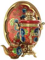 Самовар электрический 3 литра с чайником и подносом роспись "Цветы васильки" с автоотключением арт. 157852к