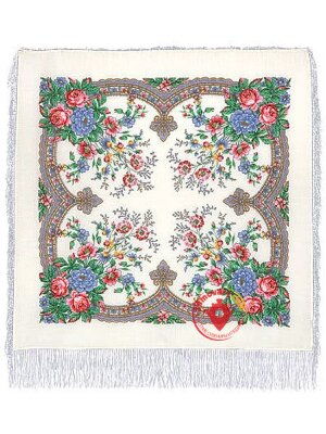 Павлопосадский шерстяной платок с шелковой бахромой «Ласковое утро», рисунок 1397-1