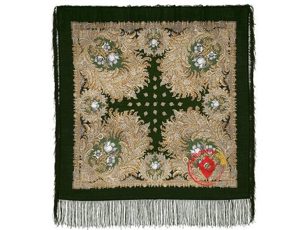 Павлопосадский шерстяной платок с шелковой бахромой «Лесное чудо», рисунок 845-9