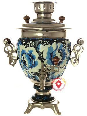 Электрический самовар 3 литра с росписью "Жостовские цветы на синем", арт. 130599