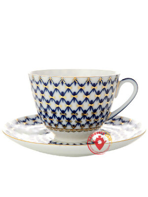 Чайная чашка с блюдцем форма Весенняя рисунок Кобальтовая сетка Императорский фарфоровый завод